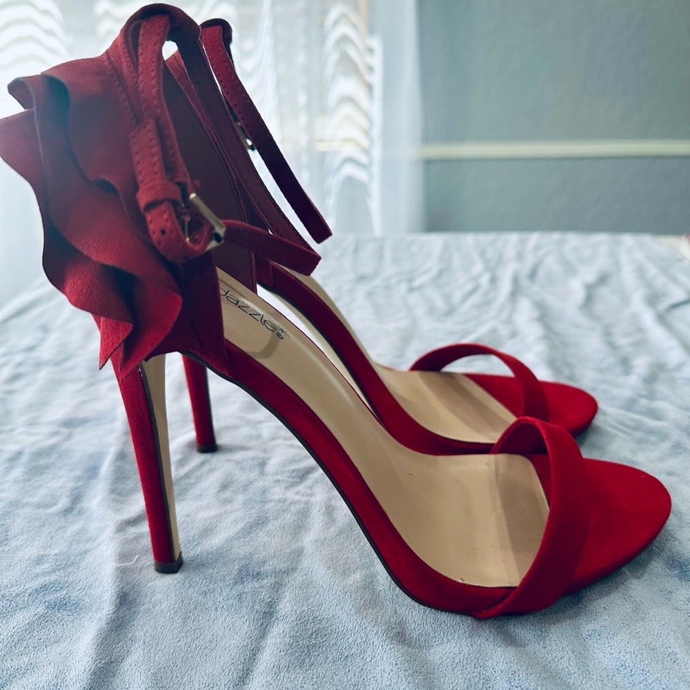 Red Heels with Ankle Strap and Ruffle Detail